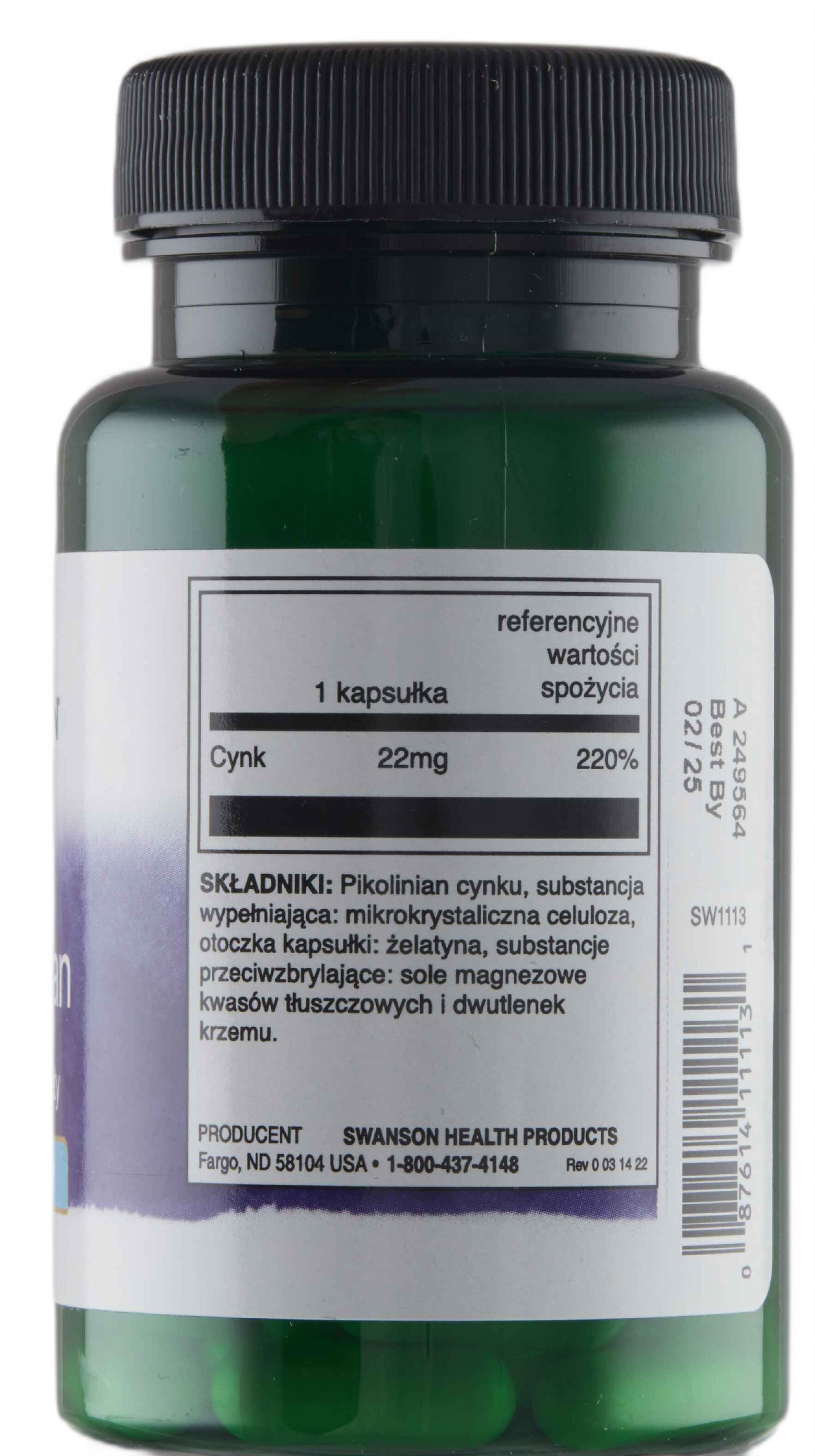 Cynk organiczny Pikolinian 22 mg - 60 kapsułek Swanson
