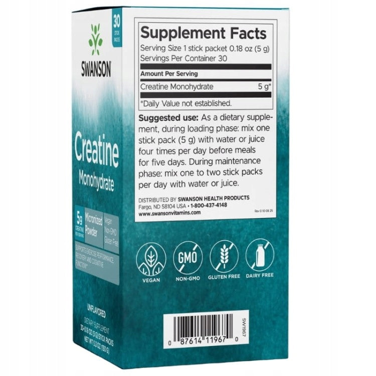 Suplement diety Swanson Creatine Monohydrate bezsmakowy 30 saszetek po 5 g