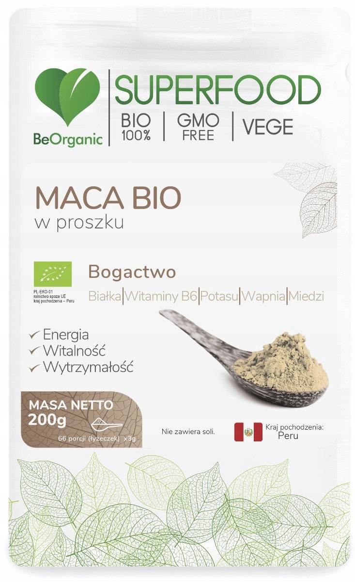 BeOrganic Maca w proszku 200g BIO energia, bogactwo składników odżywczych