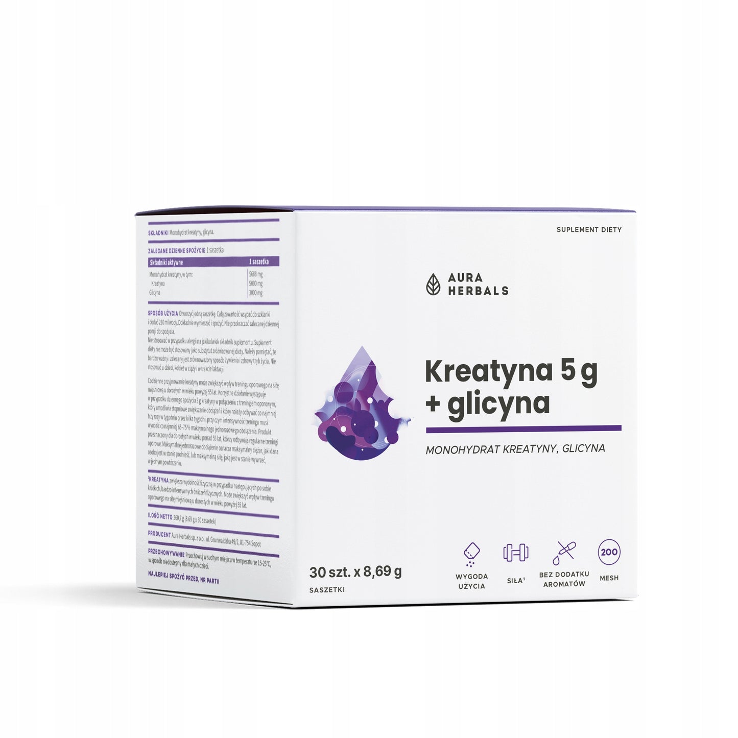Monohydrat kreatyny 5g + glicyna 3 g regeneracja, wydolność, pamięć