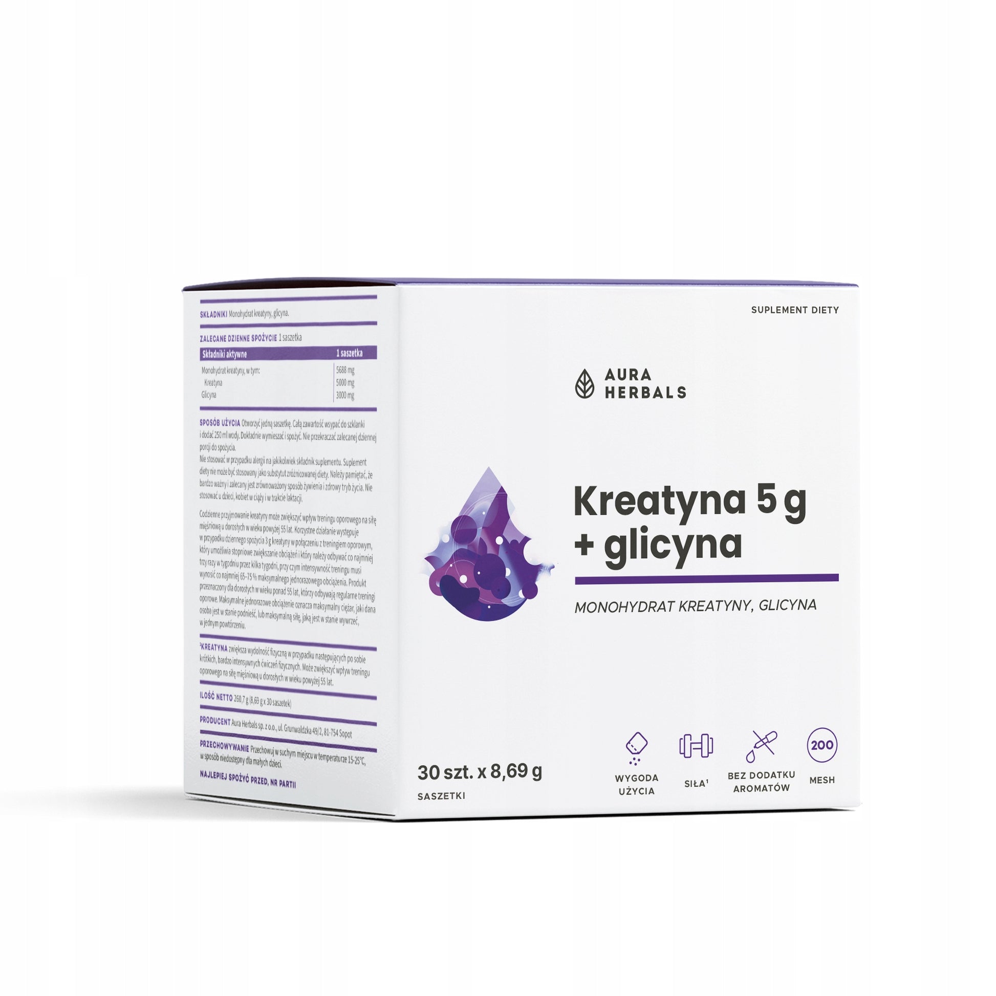 Monohydrat kreatyny 5g + glicyna 3 g regeneracja, wydolność, pamięć
