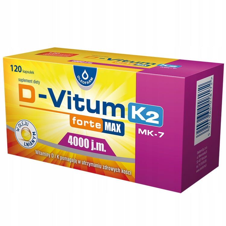 Wit. D3 4000IU + K2 MK7 w oleju lnian. D-Vitum forte Max 120 kaps. Oleofarm