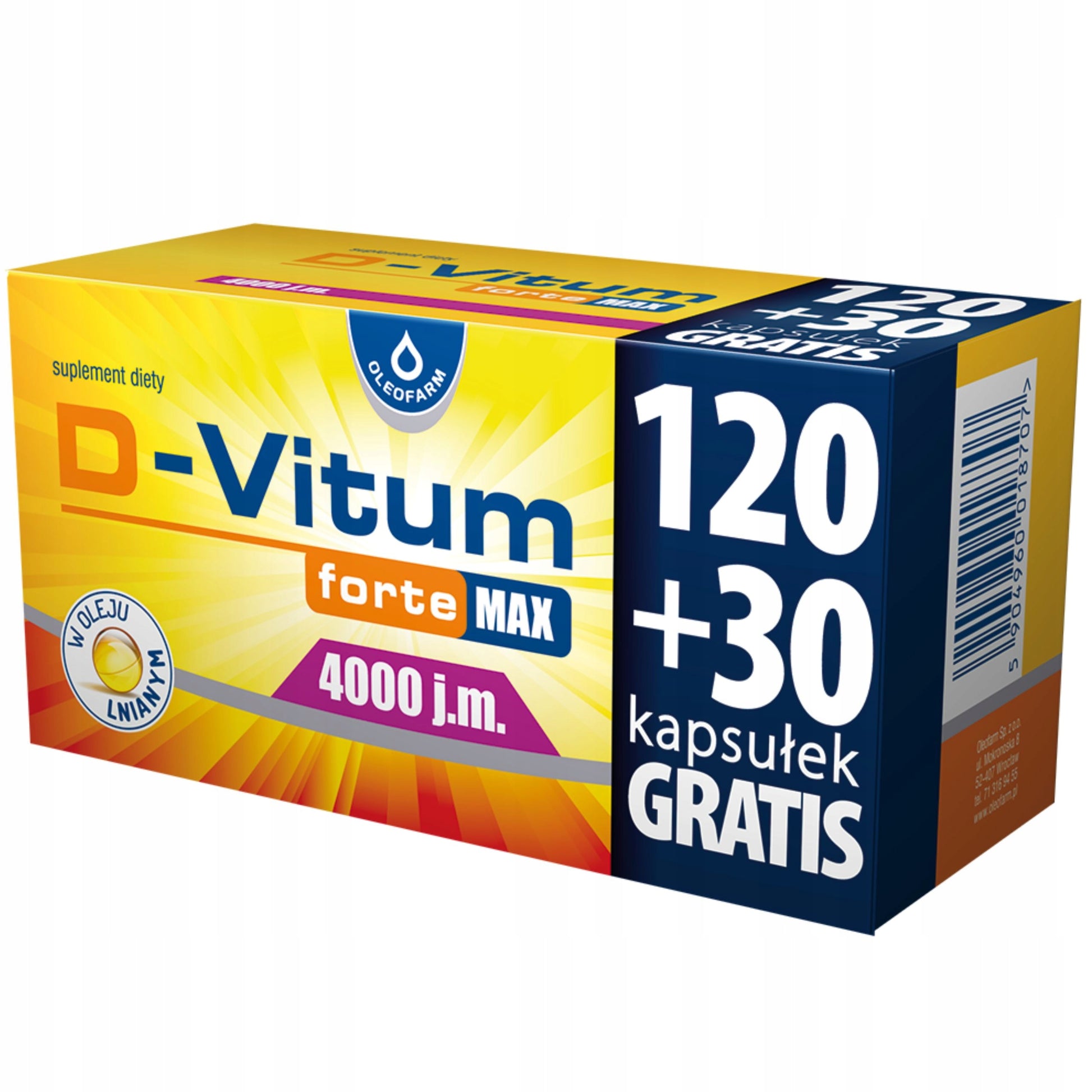 Witamina D 4000 IU w oleju lnianym OLEOFARM D-Vitum forte Max (150 kaps.)