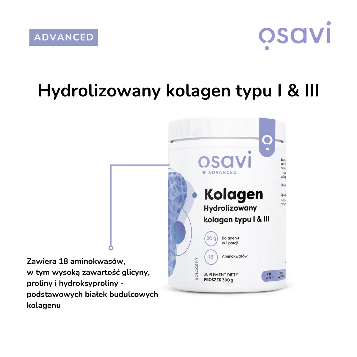 Osavi kolagen hydrolizowany typ I i III proszek 300 g smak neutralny 15 porcji